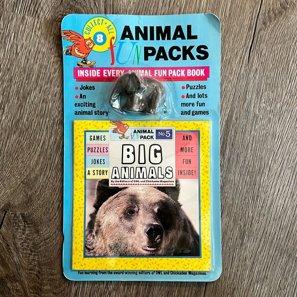 VINTAGE Animal Fun Packs, OWL, Chickadee Magazine, book with elephant 1991 no. 5